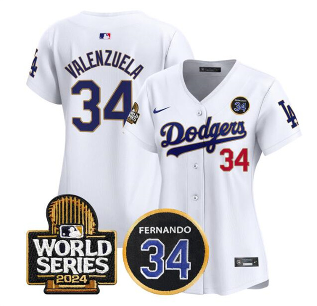 Women's Los Angeles Dodgers #34 Toro Valenzuela White 2024 World Series With Fernando Memorial Patch Home Limited Stitched Baseball Jersey(Run Small) Women's Los Angeles Dodgers #34 Toro Valenzuela White 2024 World Series With Fernando Memorial Patch Home Limited Stitched Baseball Jersey(Run Small)